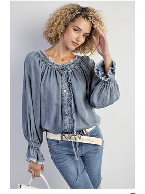 Easel Boho Denim Blouse Smocked Bell Sleeve Fringed Peasant Top Blue Size Small